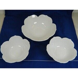 White Lotus Flower Bowl Set  8" Serving Bowl With 2-6"Soup/Salad Bowls
